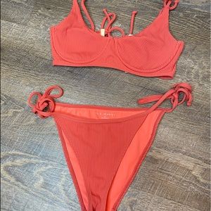 LA Hearts Red Ribbed Side Tie Cheeky Bikini Bottom